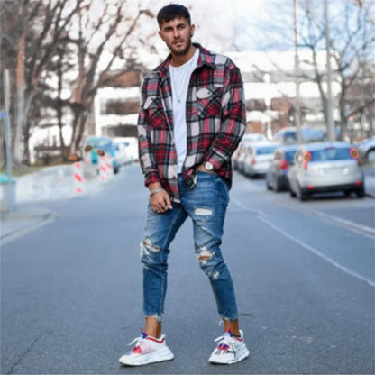 Men's distressed hole style jeans in deep blue cotton denim