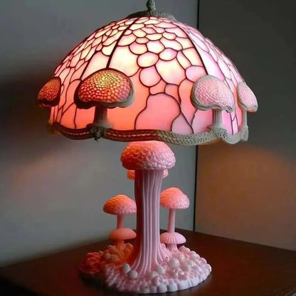 Coloured glass desk lamp with mushroom theme, 15-20cm height, plastic base