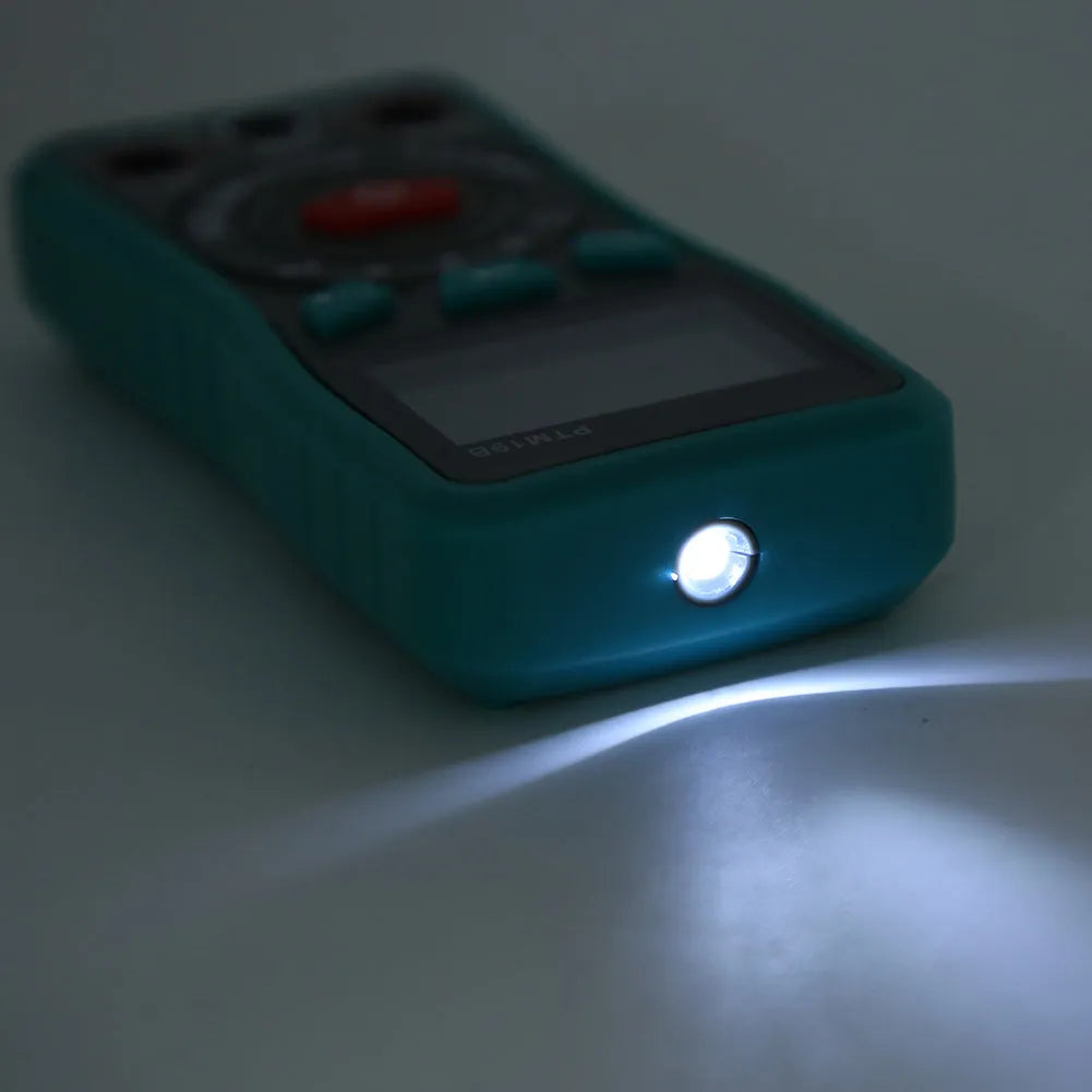 Green automatic digital multimeter with LED display, backlight, and a rear kickstand.