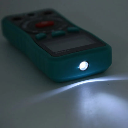 Green automatic digital multimeter with LED display, backlight, and a rear kickstand.