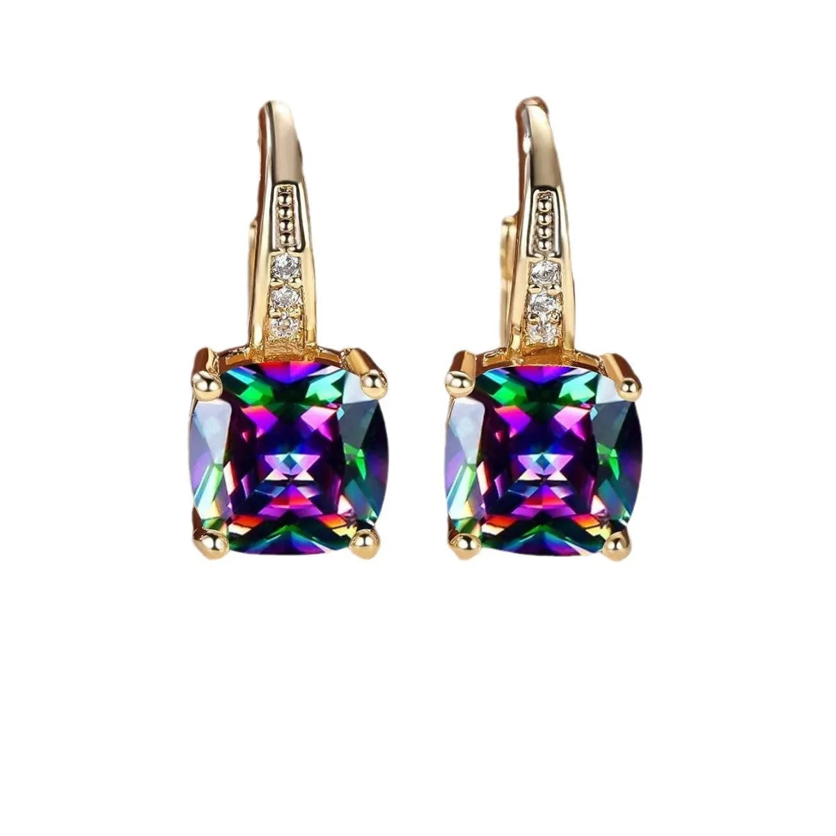Square geometric ear clips with colourful moissanite inlays and a metallic electroplated finish.
