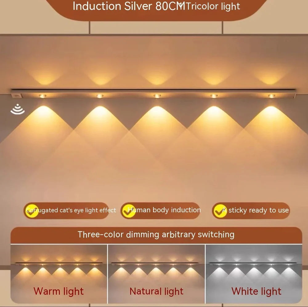 Silver LED inductive light strip, 40cm length, attached to shoe cabinet shelf with 3M adhesive