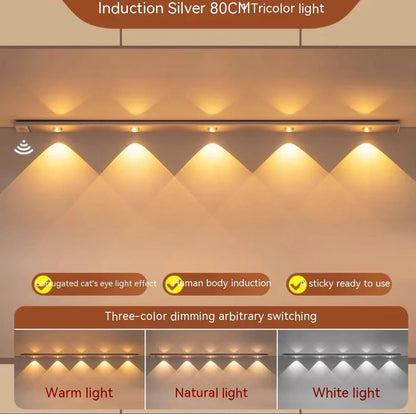 Silver LED inductive light strip, 40cm length, attached to shoe cabinet shelf with 3M adhesive