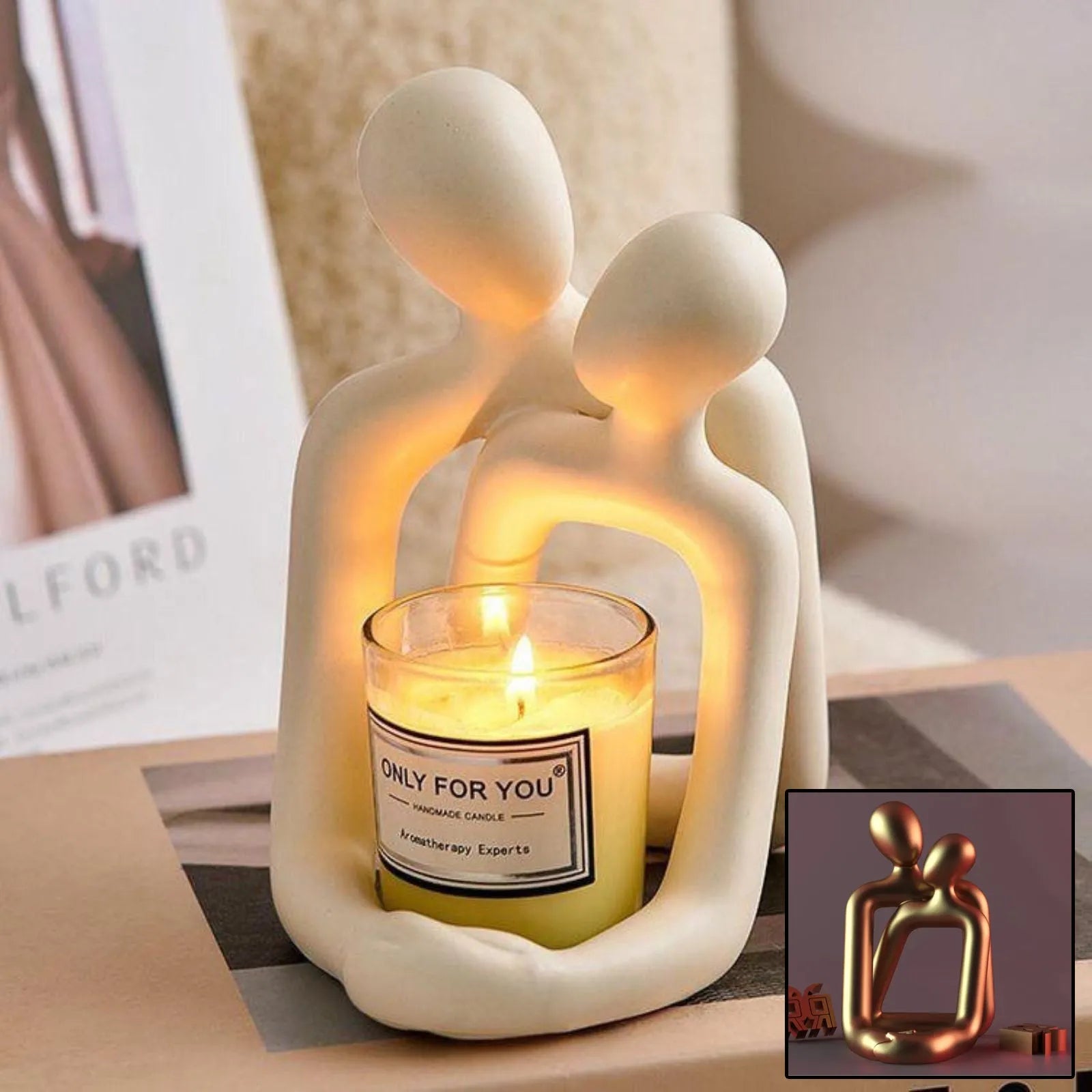 Heartwarming loving couple resin statue in milky white or gold, 15cm tall, on a bookshelf