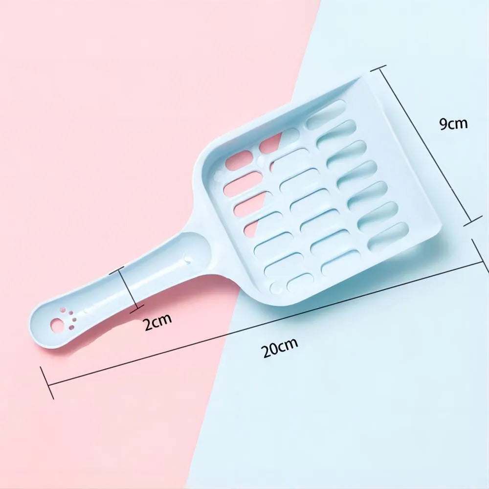 Blue plastic cat litter scoop with dimensions 20cm long by 9cm wide.