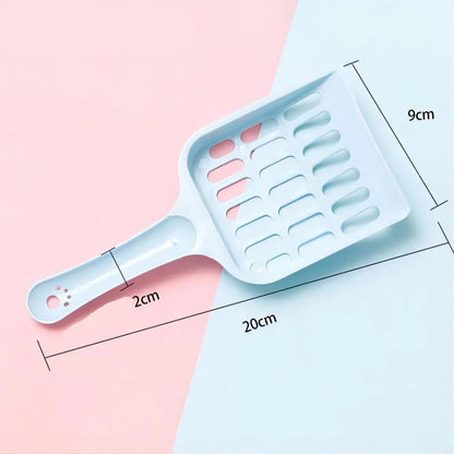 Blue plastic cat litter scoop with dimensions 20cm long by 9cm wide.