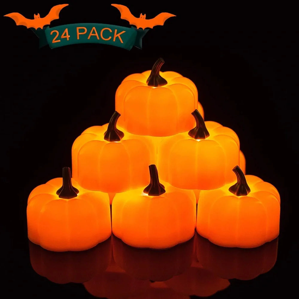 12 yellow LED pumpkin lights with electronic candle function measuring 4.9x4.3cm