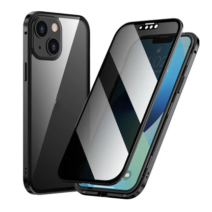 Fashion Personality Magneto Glass Metal Phone Case showing double-sided explosion-proof glass and metal frame for iPhone protection
