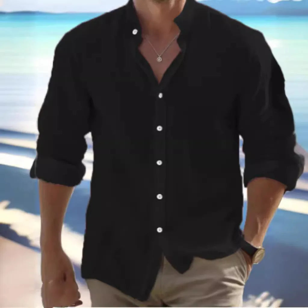 Men's white long-staple cotton pullover shirt with collage stitching detail, sizes S to 5XL