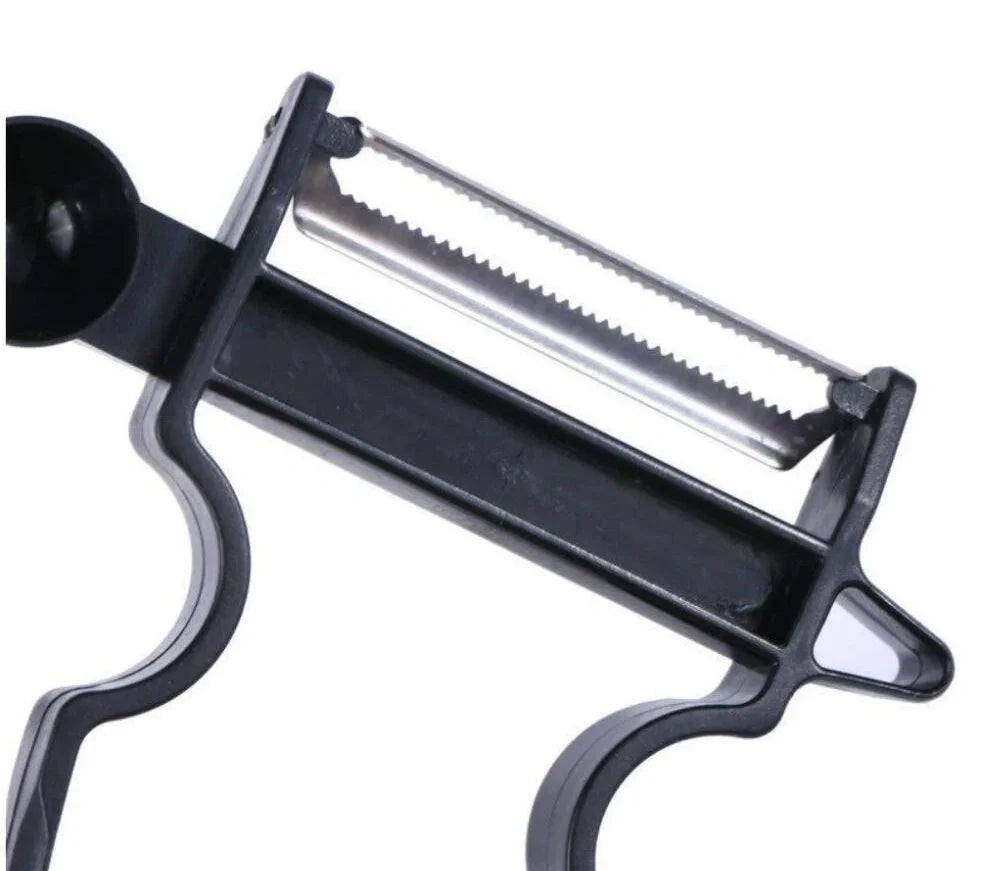 Stainless steel vegetable peeler set with black, blue, red handles and dual swivel blades
