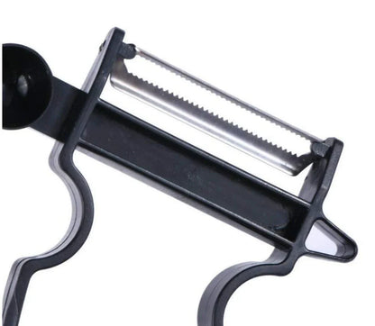 Stainless steel vegetable peeler set with black, blue, red handles and dual swivel blades