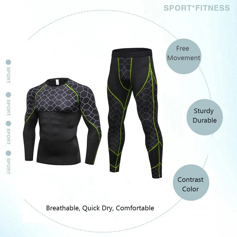 Men's compression athletic wear set with grid pattern, including long-sleeve top and fitted pants in various colors