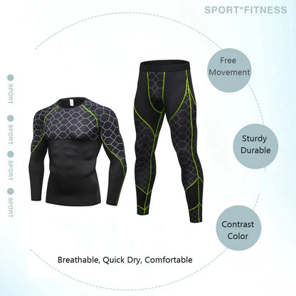 Men's compression athletic wear set with grid pattern, including long-sleeve top and fitted pants in various colors