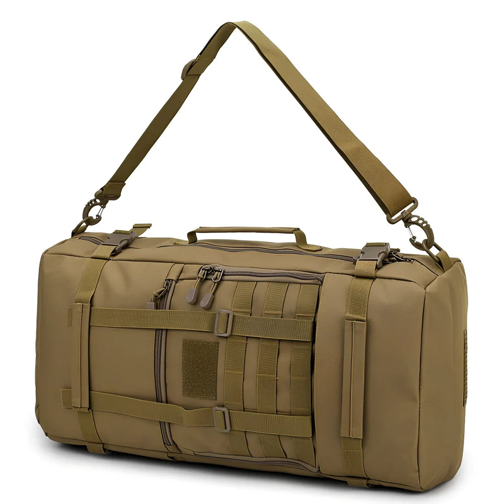 Camouflage tactical backpack with multiple compartments and MOLLE webbing on front and sides