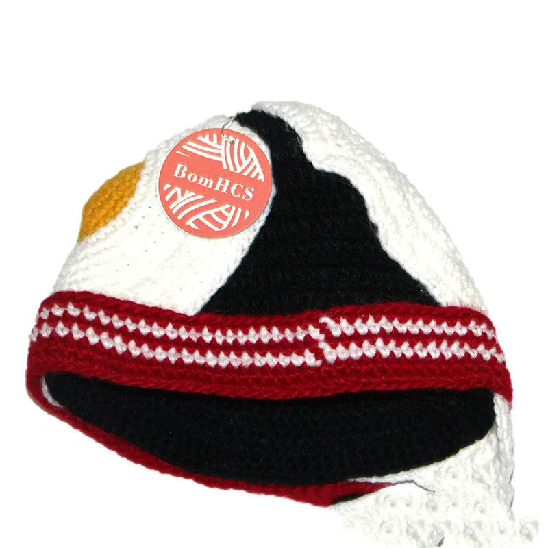 Hand-knitted winter egg hat in white, perfect for parties and cold weather