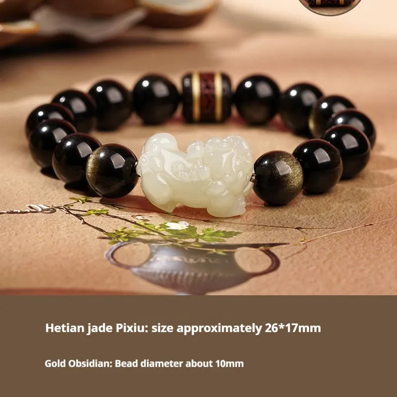 Traditional Chinese Hetian jade bracelet with black and red adjustable ropes and jade beads