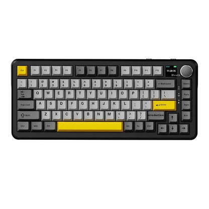 Black, grey and yellow three-mode wireless mechanical keyboard with hot-swappable switches