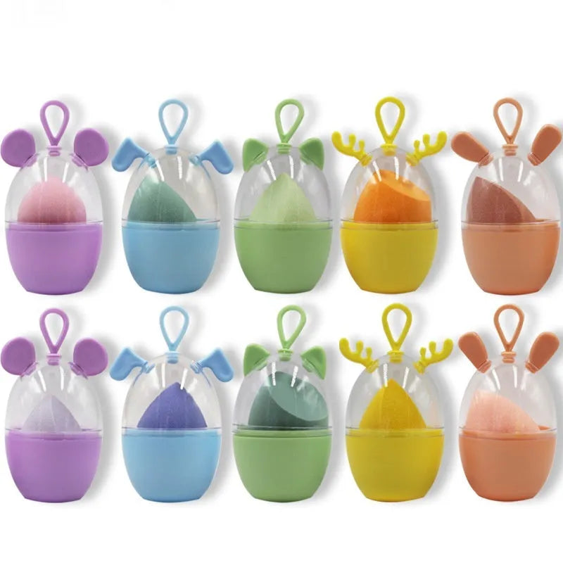 Non-latex dual-use makeup sponge in teardrop, beveled, and gourd shapes, available in ten colours