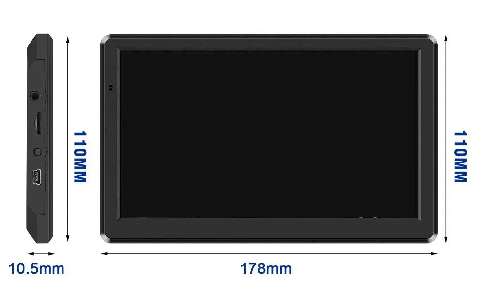 7-inch black car GPS navigator mounted on a windscreen bracket showing a map of Europe on its HD touchscreen.