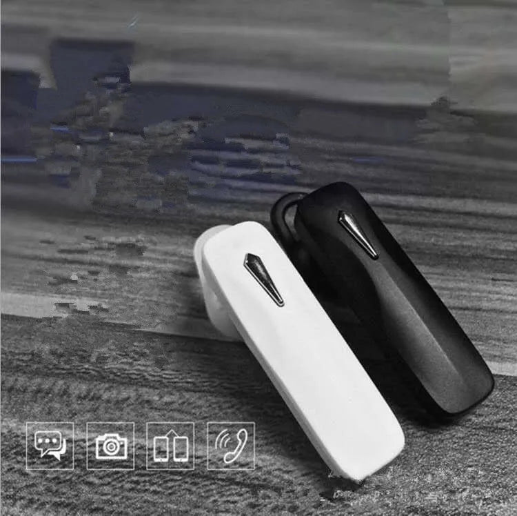 M163 black and white car Bluetooth stereo headset with control buttons for calls and music.