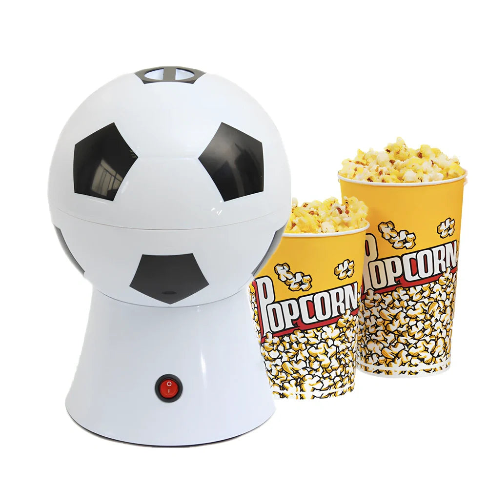 Football-shaped electric popcorn machine with automatic collector, 220V plug, and measuring lid for 50g corn portions