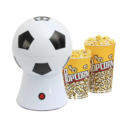 Football-shaped electric popcorn machine with automatic collector, 220V plug, and measuring lid for 50g corn portions