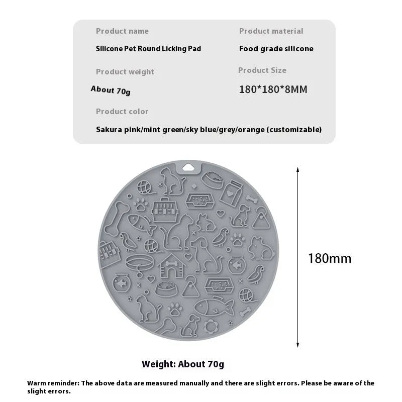 Round blue silicone pet licking mat with textured surface and suction base for slow feeding