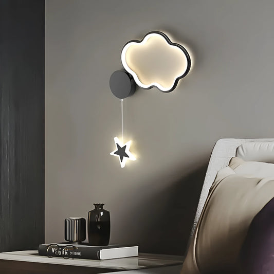 Black five-pointed star shaped children's wall lamp with a left-facing cloud design and touch control for three colour LED light.