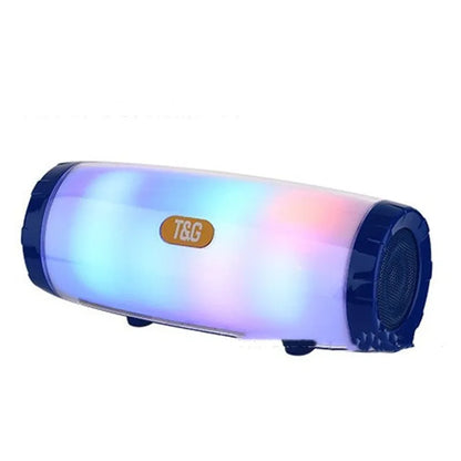 Outdoor portable Bluetooth speaker with coloured LED lights in a PU leather shell, shown in blue.