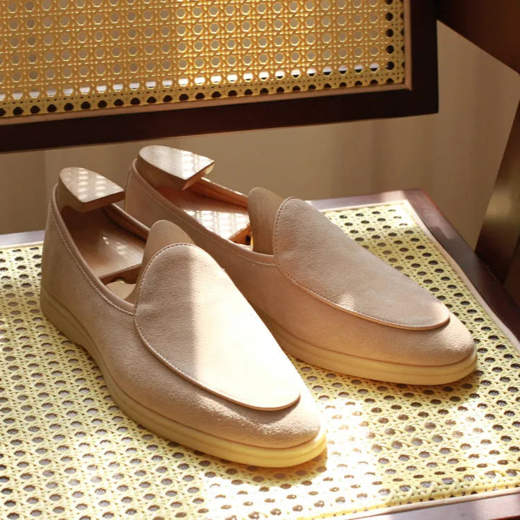 Men's full-grain leather loafers in brown with TPR sole, showing low-tube sock design and classic styling