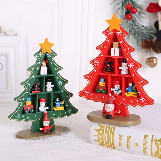 Wooden Christmas tree ornaments in red and green, sizes small and large