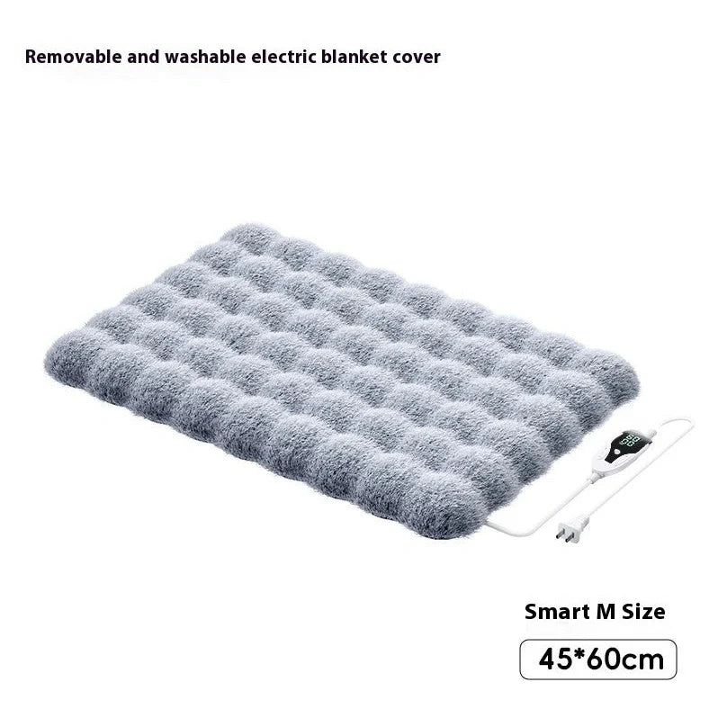 Gray pet electric blanket with intelligent temperature control for cats and dogs showing four size options