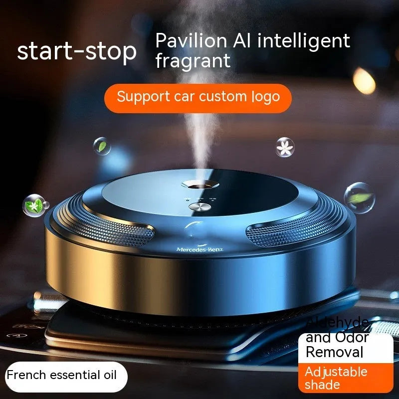 Car air freshener with automatic spray and zinc alloy shell on car dashboard