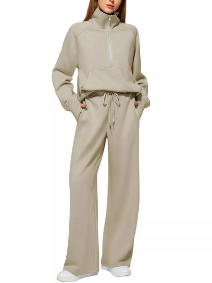Women's solid color long-sleeved sweater trousers suit in polyester, available in multiple colors