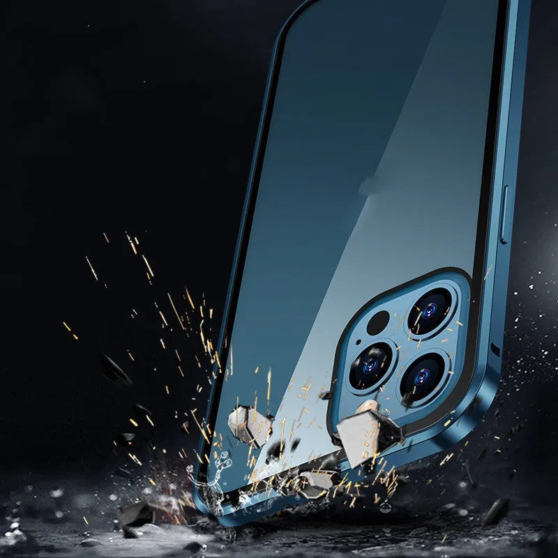 Double sided magnetic glass phone case in silicone for iPhone, available in black, red, silver, gold, dark green, emerald green and blue.