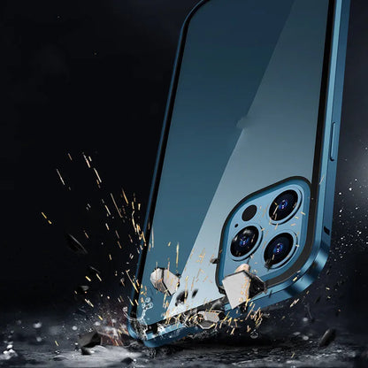 Double sided magnetic glass phone case in silicone for iPhone, available in black, red, silver, gold, dark green, emerald green and blue.