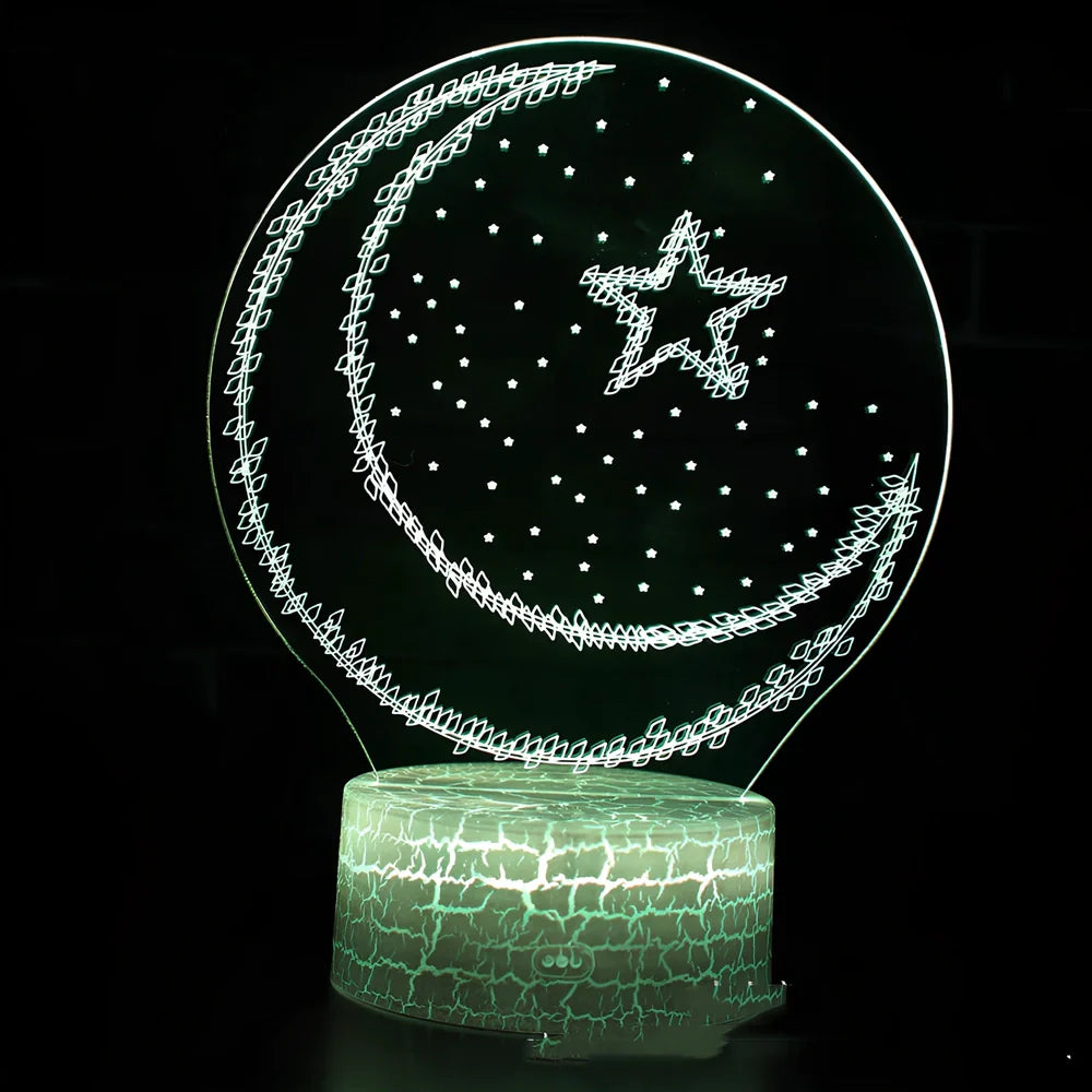 Creative 3D LED bedside night light with 4mm acrylic shade, touch switch, and USB cable on black ABS base