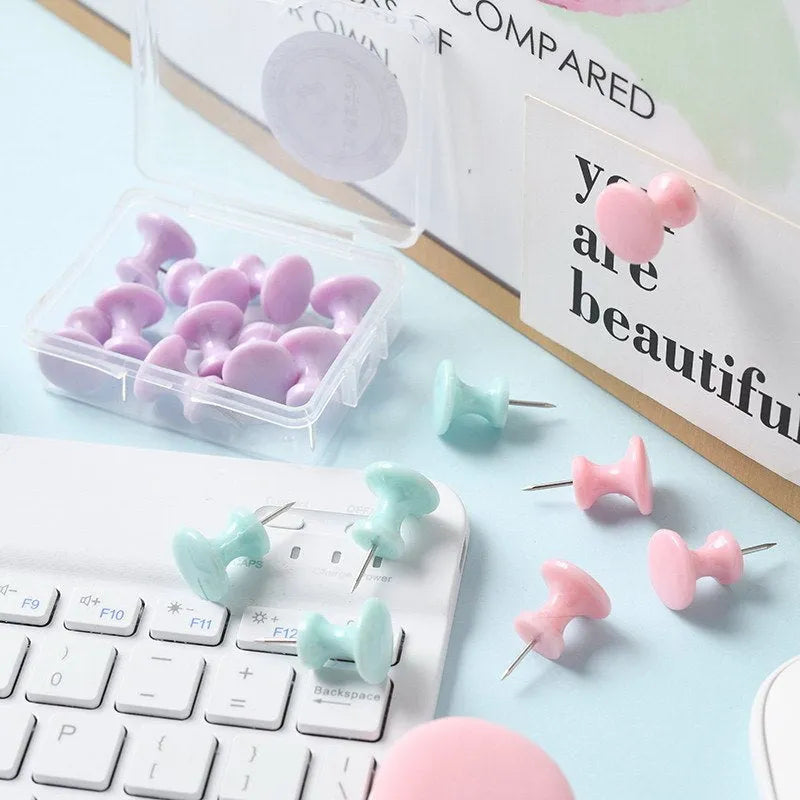 Macaron colour plastic push pins in cherry blossom pink, mint green and lavender, available in large and small sizes