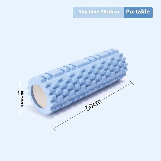 EVA foam roller in black, grey, pink, sky blue, or light purple, showing cylindrical shape for fitness recovery