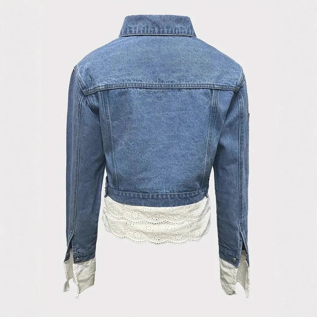 Blue denim jacket for women with decorative lace stitching detail on the front, long sleeves.
