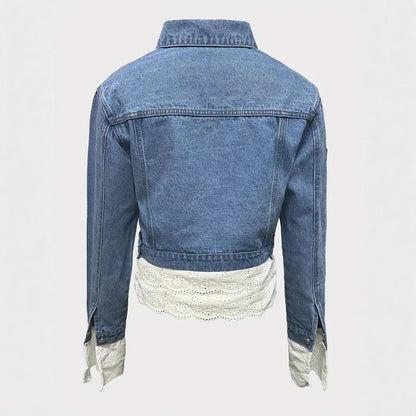 Blue denim jacket for women with decorative lace stitching detail on the front, long sleeves.