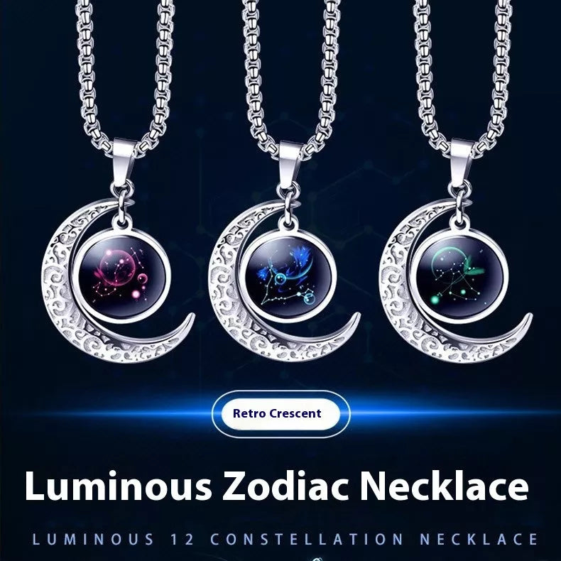 12 Constellation Glowing Necklace with luminous stone pendant and titanium steel chain