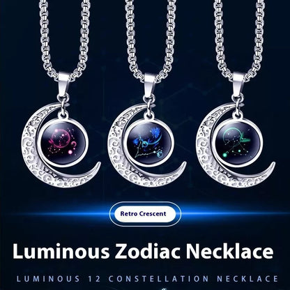 12 Constellation Glowing Necklace with luminous stone pendant and titanium steel chain