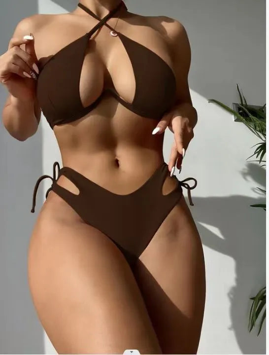 Women's halter neck bikini in solid colour with briefs-style bottoms