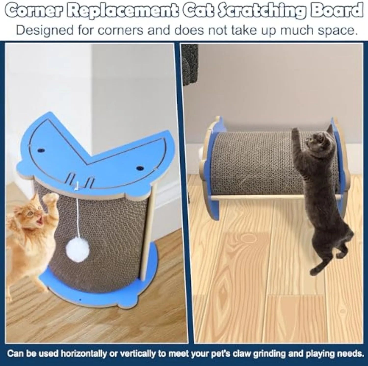 Grey cat using corner scratching pad with hanging ball in room corner