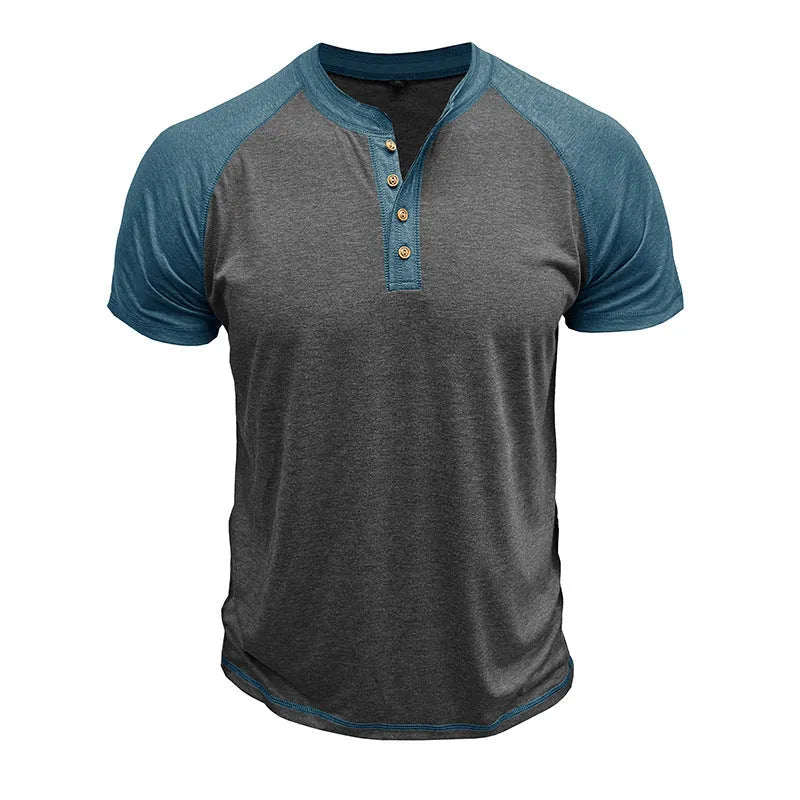 Man wearing a short sleeve colour block pullover with raglan sleeves in a green and khaki combination.