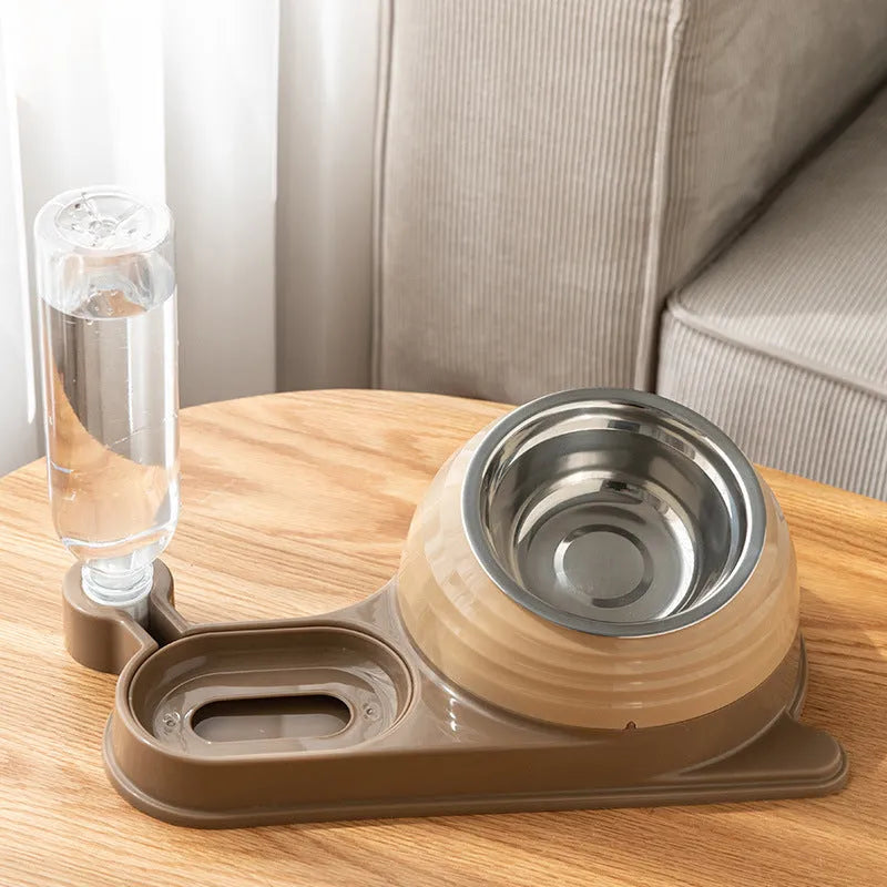 Brown elevated automatic water and food bowl set for cats and small dogs on a wooden floor.