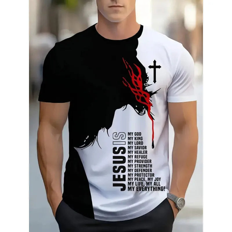 Men's striped casual T-shirt with digital 3D printing in loose fit short sleeve design