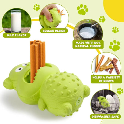 Green and yellow natural rubber dog toy for aggressive chewers with rounded design