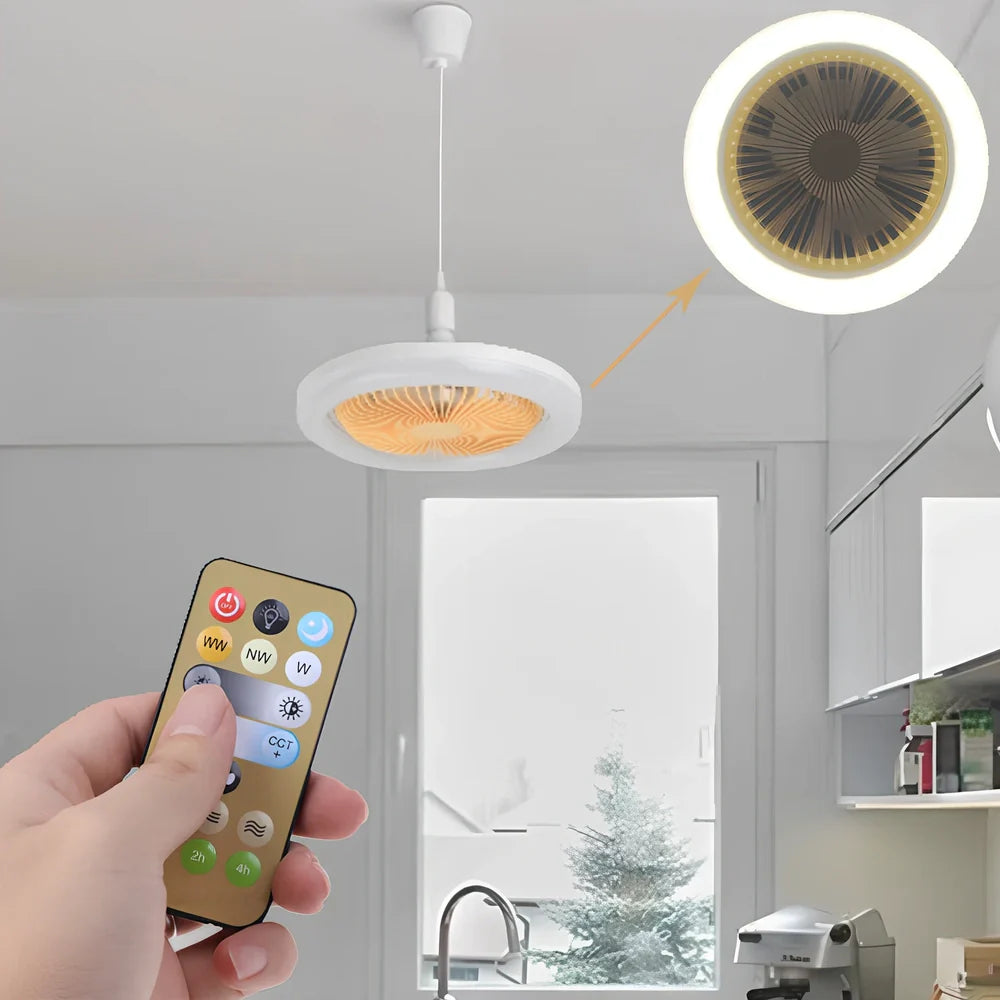 26cm round white ceiling fan with plastic blades and integrated LED light, remote control